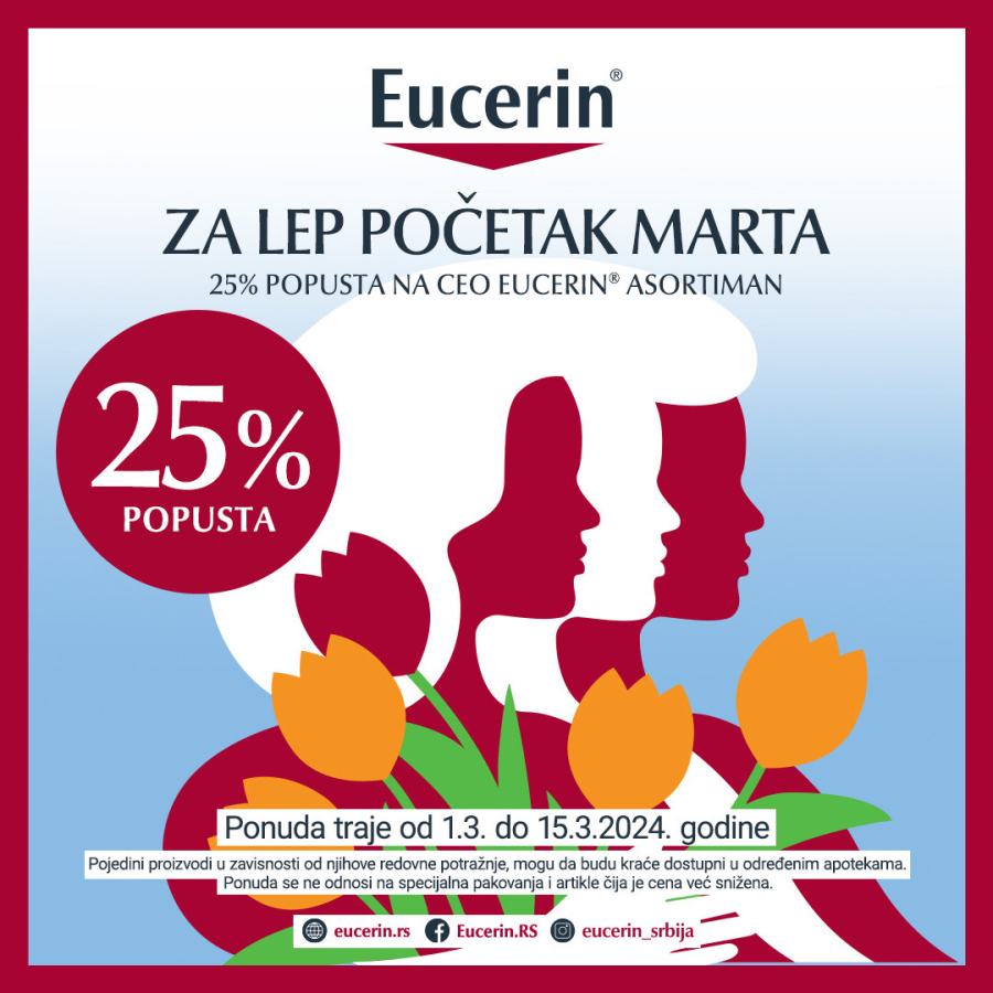 Eucerin 25% popust na ceo asortiman 1.3.-15.3.2024.